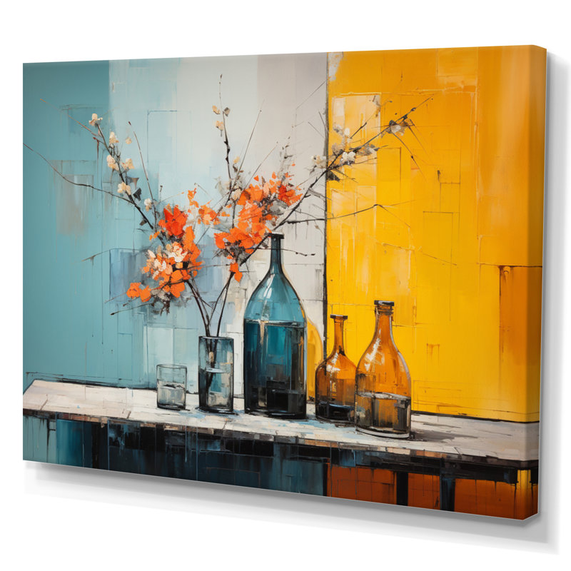 Vase audacieux jaune sarcelle sur toile Mid Century, H 34 po x l 44 po x P 1,5 po, Toile tendue