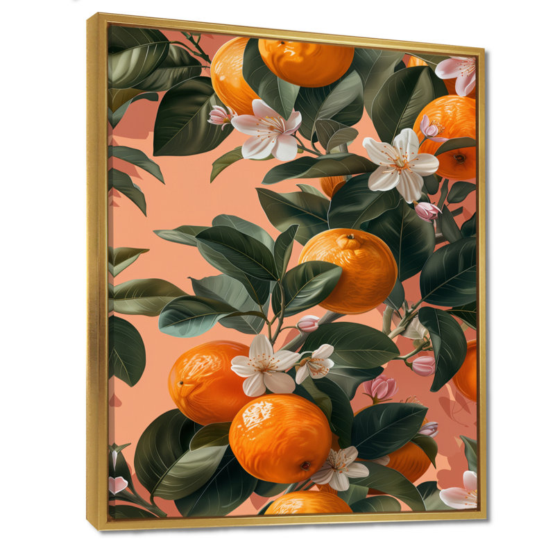 Décoration murale orange orange et arbres verts II - fruits, Cadre flottant doré, H 34 po x l 44 po