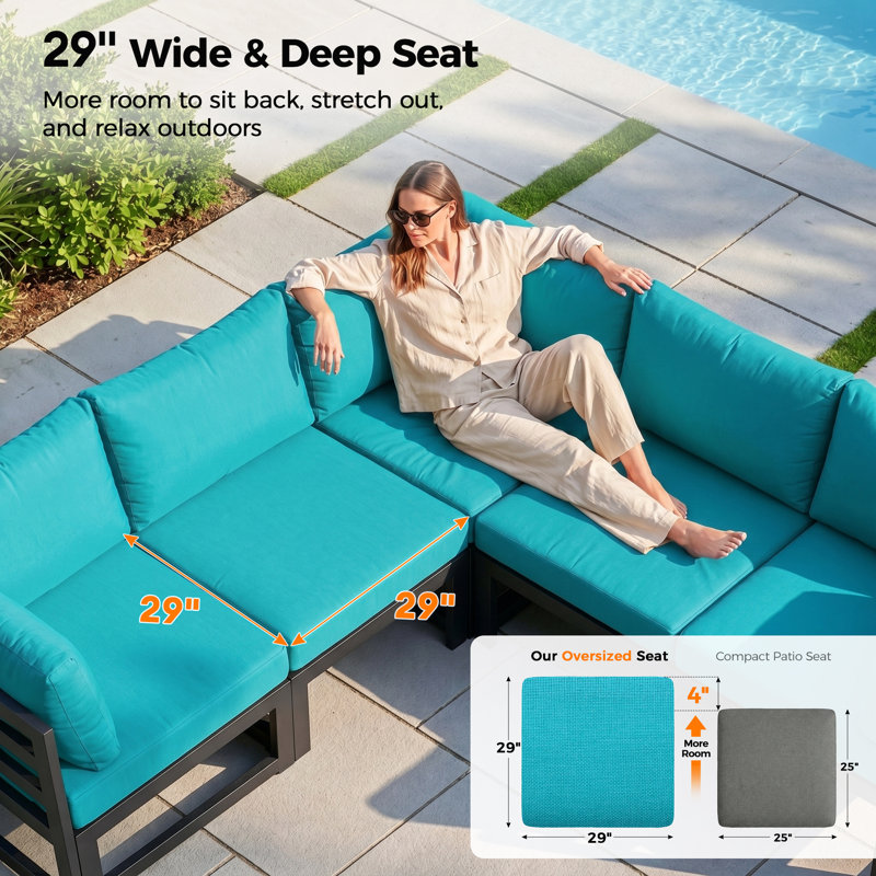 Anevaeh 8-Person Outdoor Patio All-Aluminum Sectional Conversation Set with Fire Pit Table and Cushions, Gray, Teal