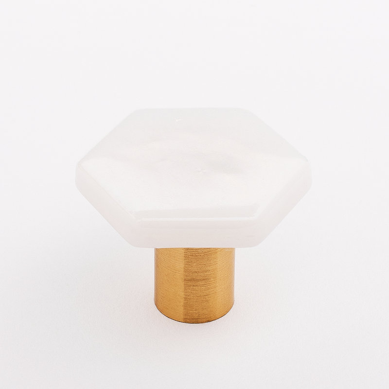 Geometric Knob, Satin Brass, Iridized White Glass