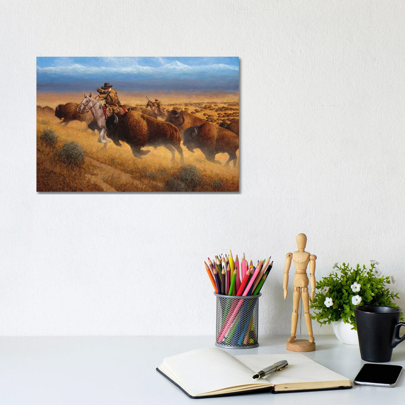 «Autumn Buffalo Hunt» par Joe Velazquez - peinture sur toile tendue, H 8 po x l 12 po x P 0,75 po