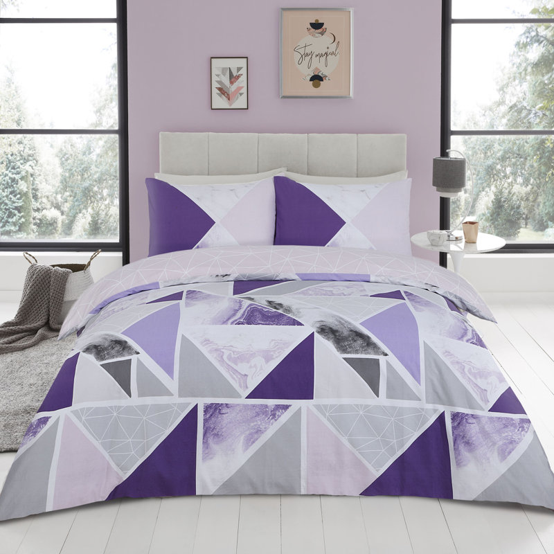 Geometric Pattern Duvet Cover Set with Matching Pillowcases - Polycotton Fabric Machine Washable Bedding, Violet Floral