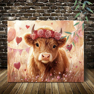 Cute Valentine Highland Cow & Rose Crown Canvas Print - Urban Studio