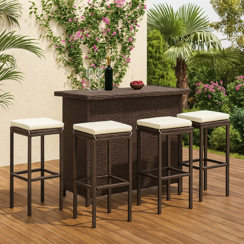 Vian Outdoor Barstool, Poly Rattan, Polyester, 4, Brown, Cream White