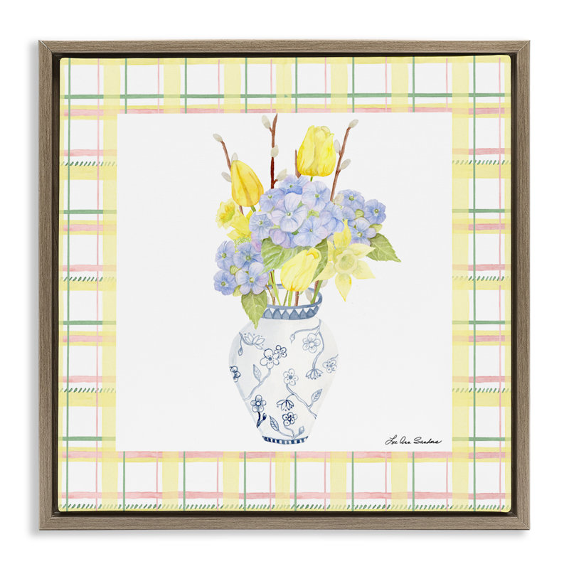 Spring Vase on Yellow Plaid Floating Frame, design by Lee Ann Sanders, Montalcino Elm Floater Frame, 18" H x 18" W