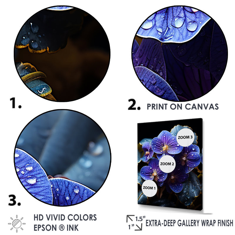 Violettes illuminées au clair de lune sur toile, H 44 po x l 34 po x P 1,5 po, Cadre flottant doré