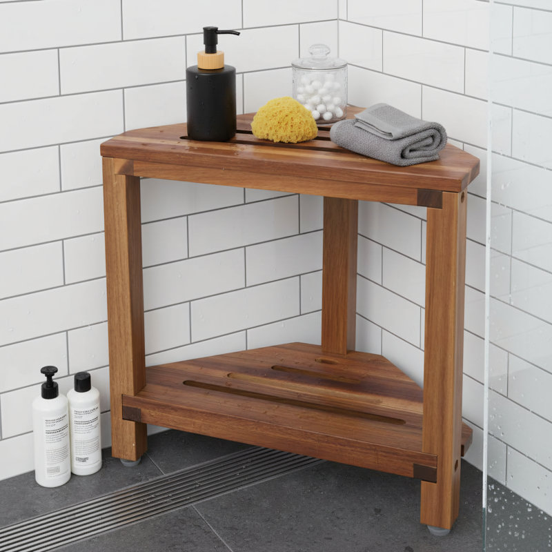 Acacia Wood Multi-Functional Shower Stool, Corner Style With Storage Rack, Leg Warmer, Bathtub Seat, Suitable For Small Spaces, Brown.