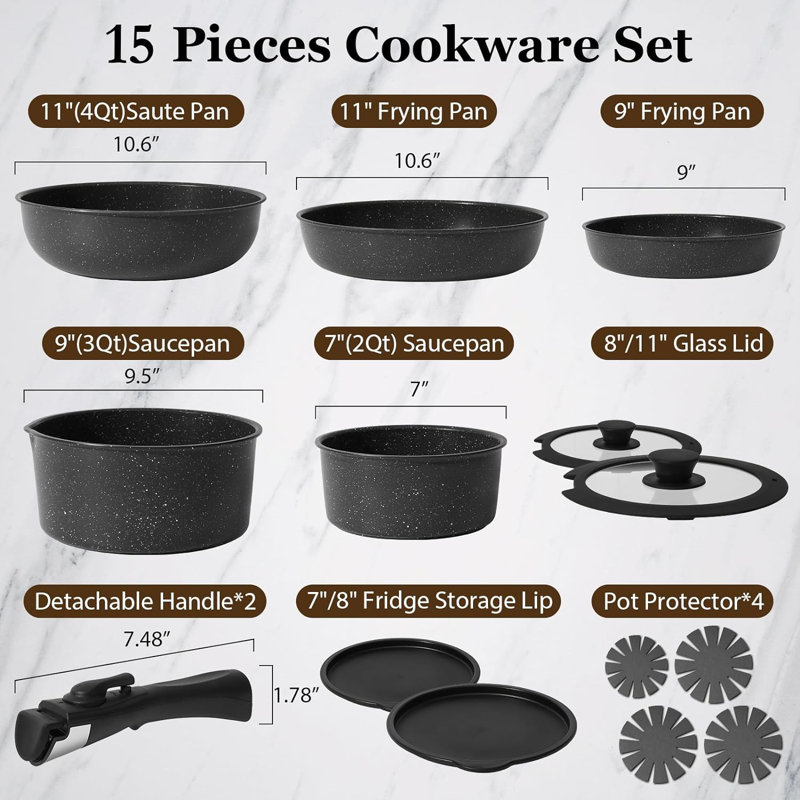 15-Piece Granite Nonstick Pots and Pans Set, Detachable Handles & Glass Lids, Induction Compatible, Black
