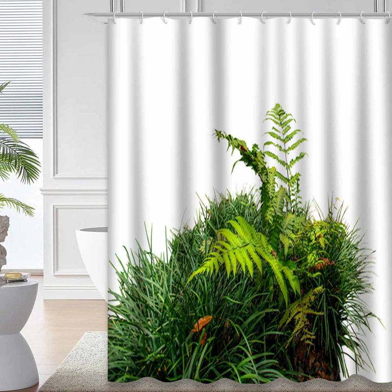 Fern Grass White Jungle Forest Border Shower Curtain with 12 Hooks, L 72 po x l 84 po