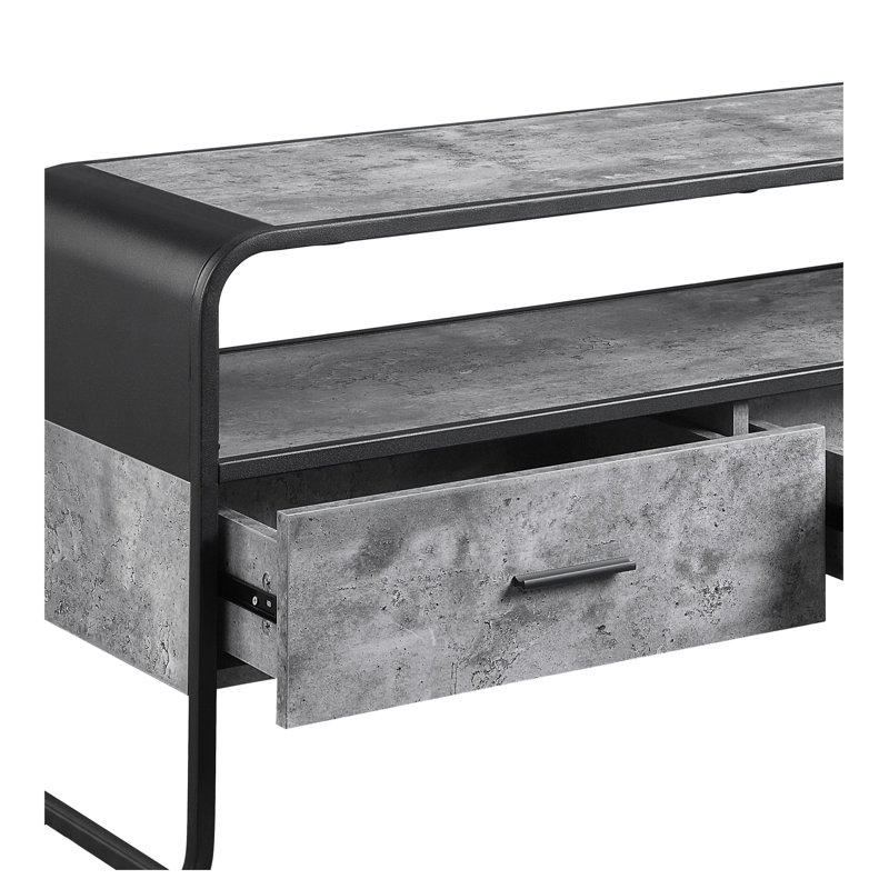 Meuble télé moderne noir et gris avec structure en métal, fabrication en bois, tiroirs et rangement ouvert pour le salon