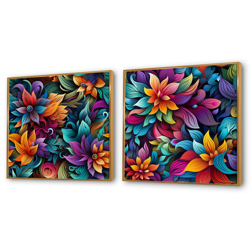 Vibrant Mandala Motif Boho III - Ensemble de 2 collages floraux et botaniques carrés, Cadre flottant doré, H 16 po x l 33 po