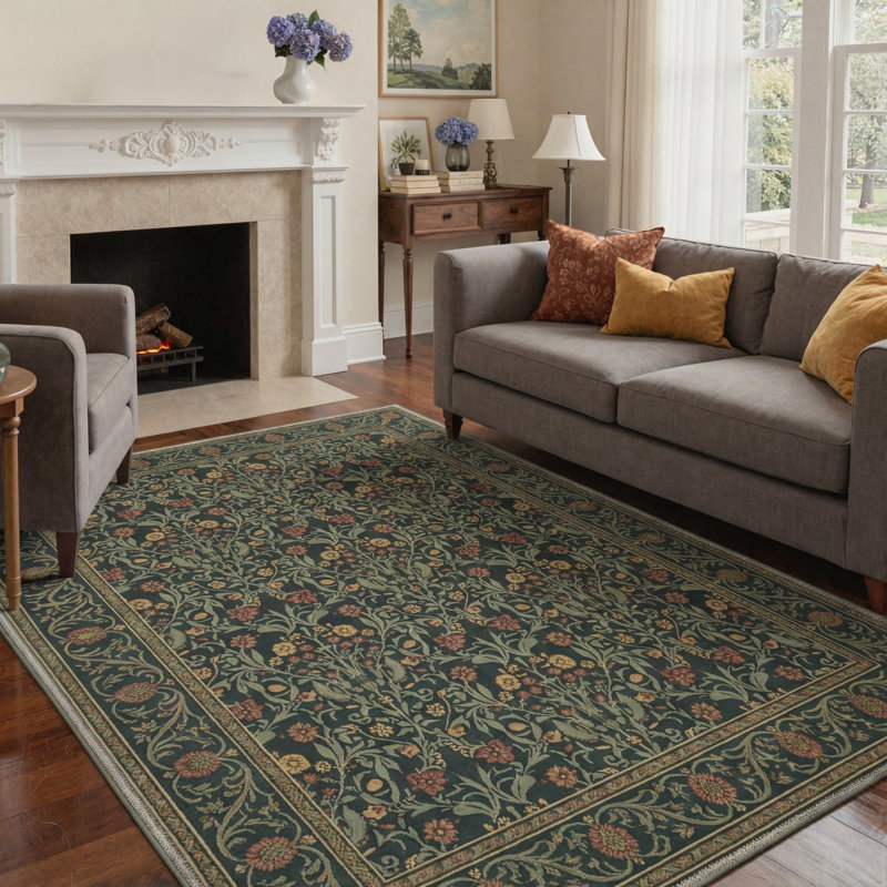Vineyard Floral Vines Machine Washable Sage Indoor Area Rug With Non-Slip Backing, Rectangle 8' x 10'
