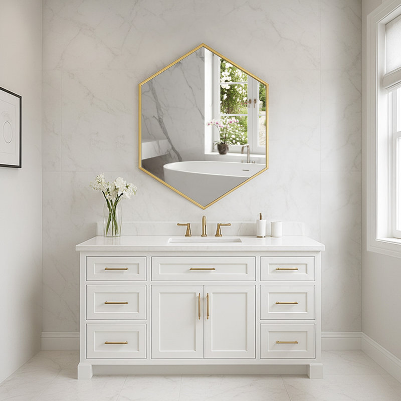 Modern Metal Framed Hexagon Wall Mirror, Gold, 34" x 24"