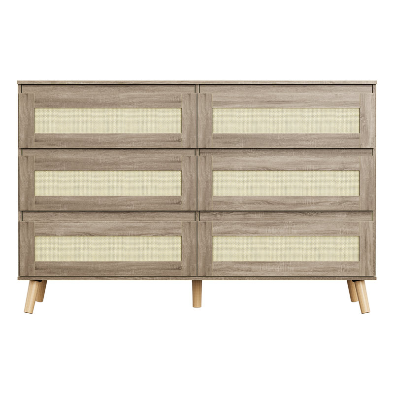 6-Drawer Rattan Dresser Wood Storage Cabinet