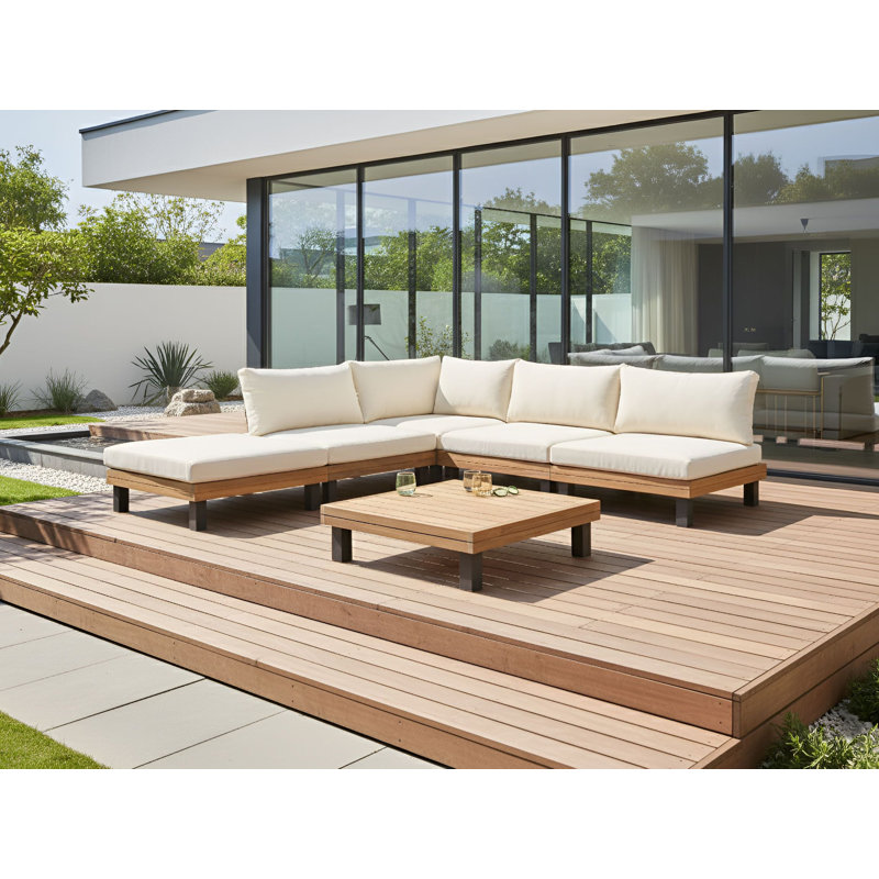 Garden Corner Sofa with Table 5 Seater FRAZZANO Certified Acacia Wood Off-White