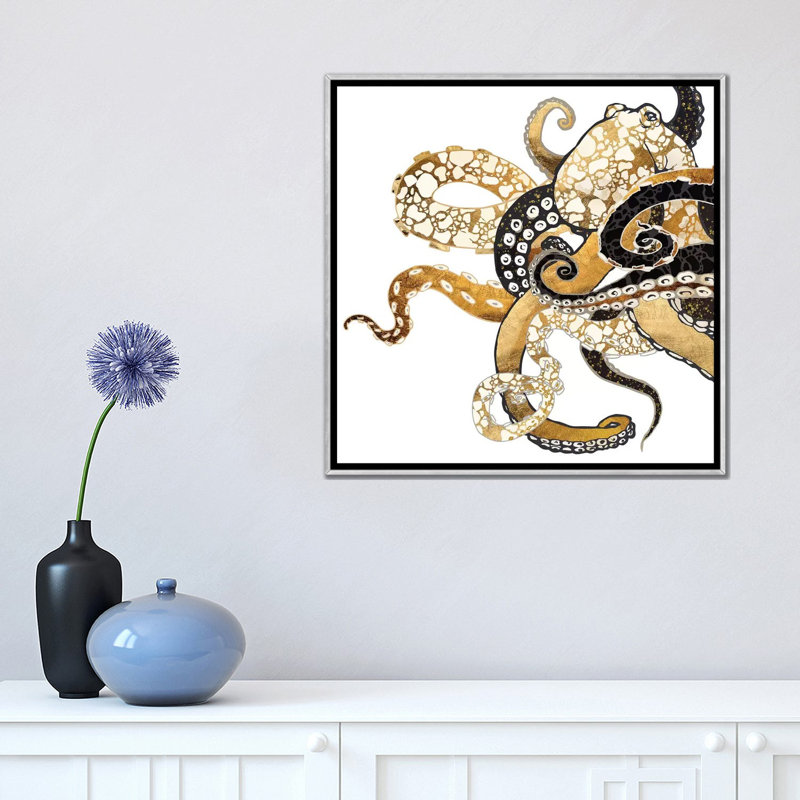 Pieuvre métallique - impression, Aucun mat, H 18 po x l 18 po x 1,5 po, Toile avec cadre argenté
