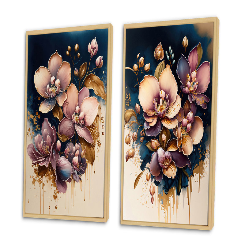 «Bourgogne et orchidée bleue», 2 pièces sur toile, Encadrement brun, H 32 po x l 32 po