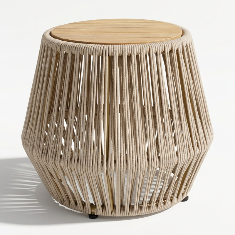 Table d'appoint ronde en bois naturel avec base en corde tissée à la main, décor polyvalent et durable résistant aux intempéries