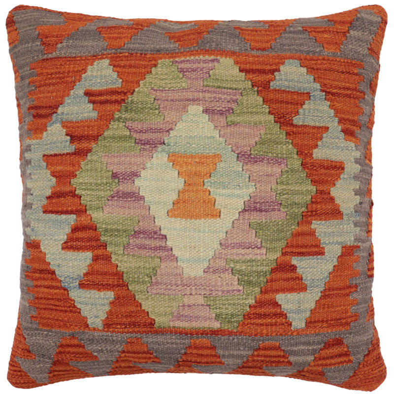 Coussin en kilim Tribal Miller, H 20 po x l 20 po, Rouille / gris / bleu / vert