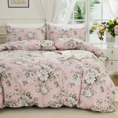 Floral Duvet Cover King Size Soft 100% Nature Cotton Vintage Style Pink Bedding Set with Zipper Closure 3 Pcs Cottagecore Botanical Duvet Cover, Ultra Soft, Breathable