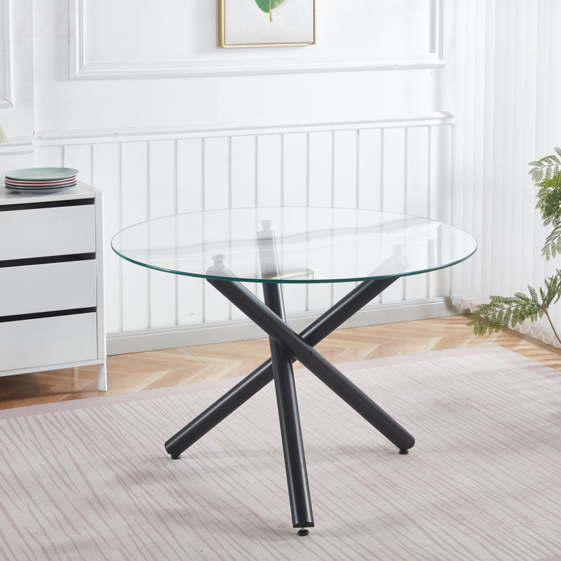 Table de salle à manger noire avec pieds en métal et verre, table de cuisine moderne pour le salon, 110 x 110 x 75 cm, table