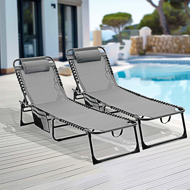 Outdoor Folding Chaise Lounge Chair Set Of 2, Gray, 2
