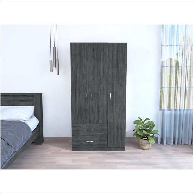 Armoire 3 portes avec deux tiroirs, tablettes et barre de suspension austral - chêne fumé