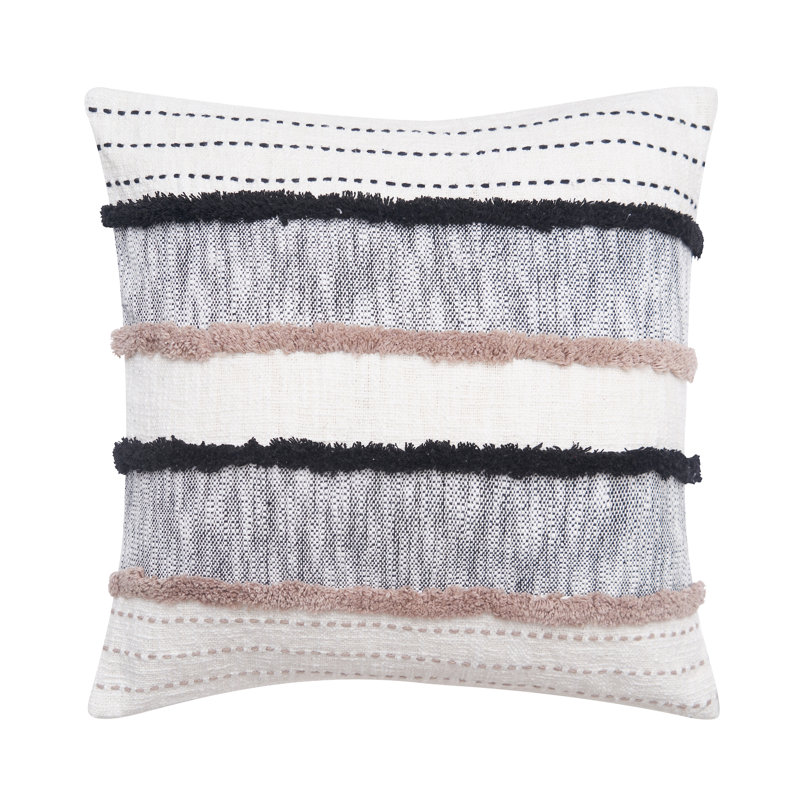 Black and Beige Embroidered Cotton Square Throw Pillow