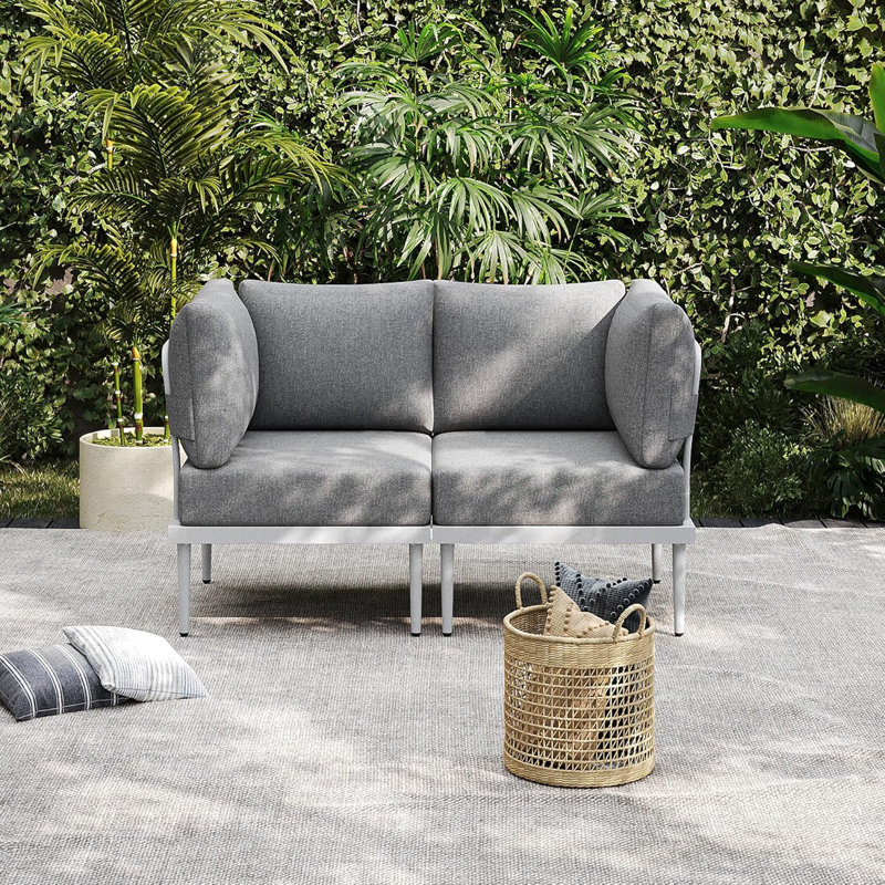 2-Person Patio Conversation Sets, Metal Outdoor Patio Sectional Sofa Set with Olefin Cushions, Gray