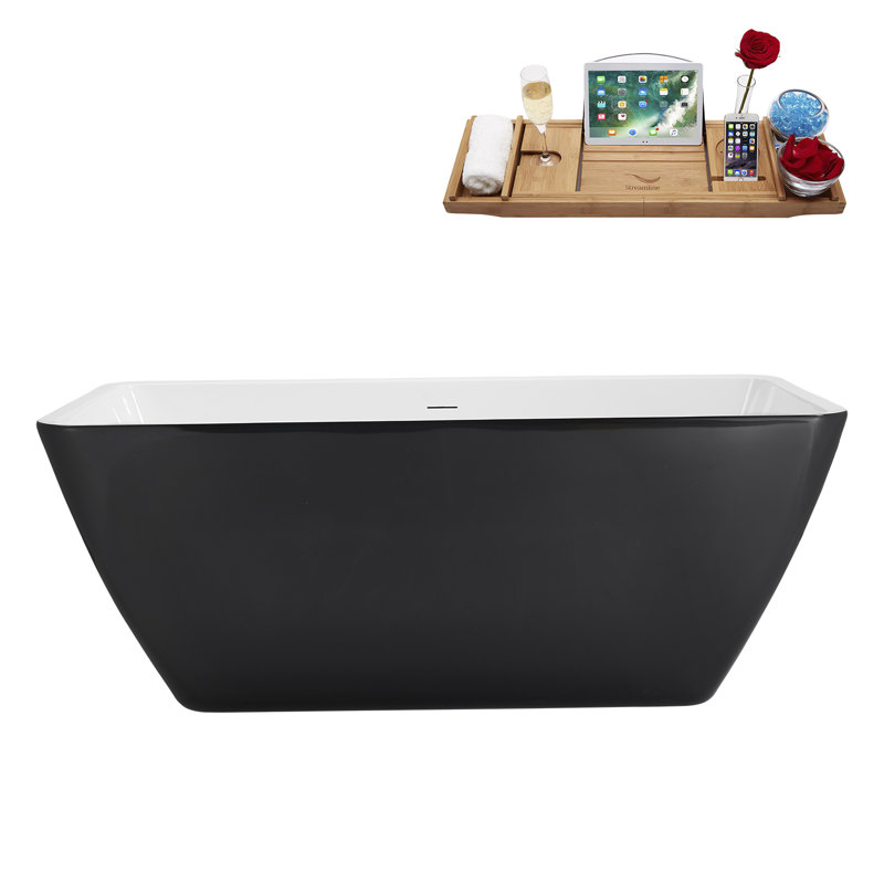 59" Streamline Soaking Freestanding Tub and Tray With Internal Drain, Brushed Brass