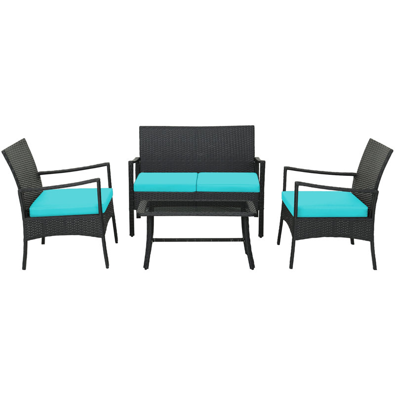 Shippensburg 4 - Person Patio Conversation Set with Cushions, Black Frame/Turquoise Cushion
