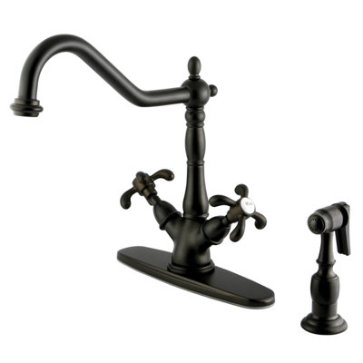 Kingston Brass French Country Two-Handle 2-or-4 Hole Deck Mount Kitchen Faucet with Brass Sprayer