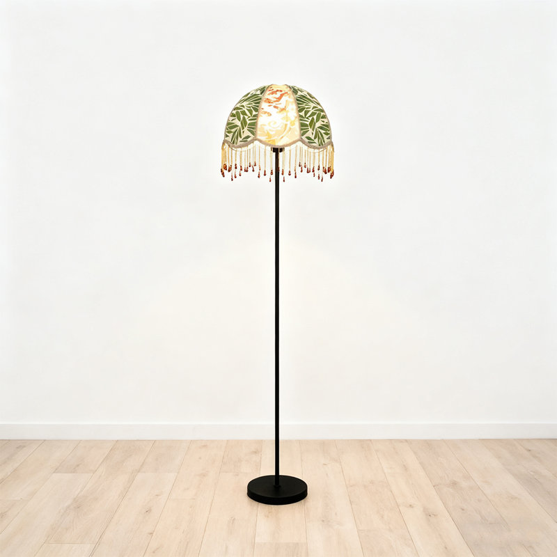 French Retro-Style Wrought Iron & Fabric Floor Lamp, Green