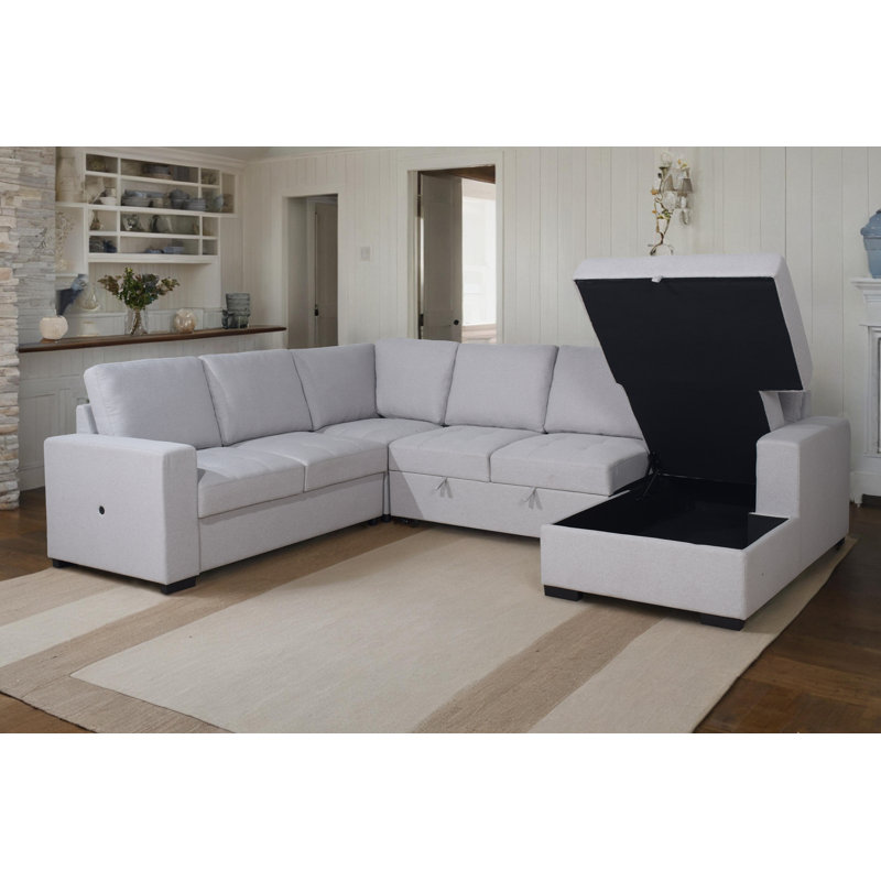Xander Sectional/ Sofa Bed in Grey Fabric with Built-In USB Port