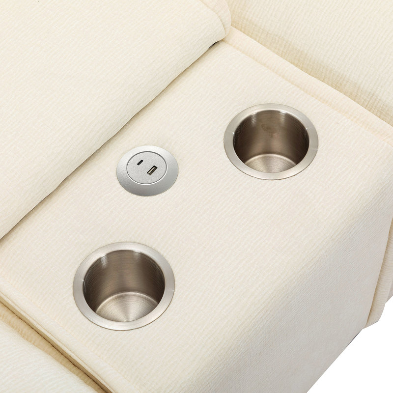 Canapé modulaire en chenille de 111 po avec deux repose-pieds amovibles, deux ports USB, deux porte-gobelets et une grande boîte de rangement pour le salon, beige