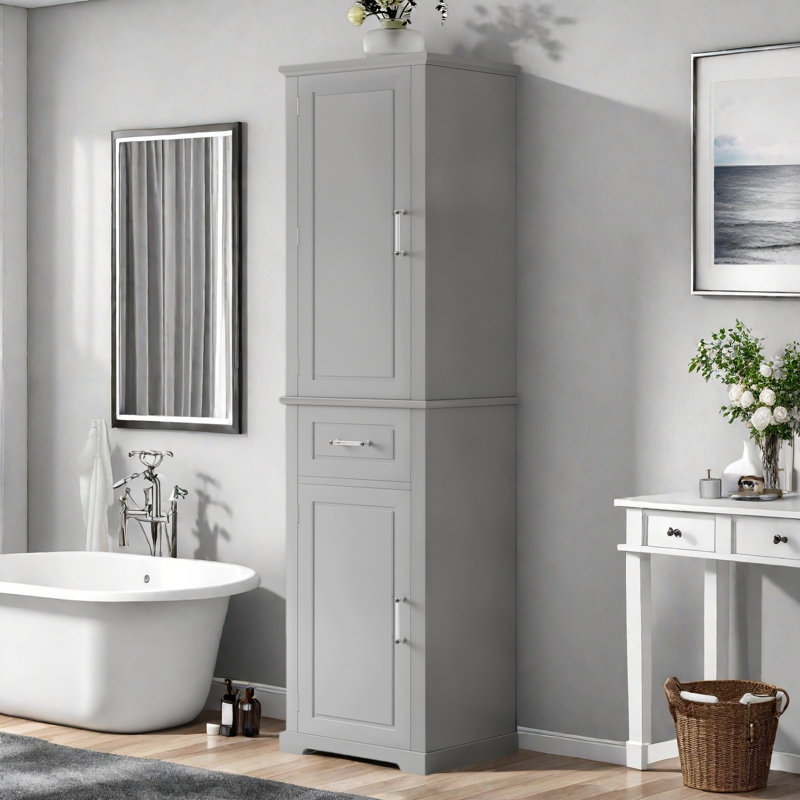 Tall Bathroom Storage Cabinet With 2 Different Size Doors, Adjustable Shelf, Door Shelve Design And Drawer, Gray