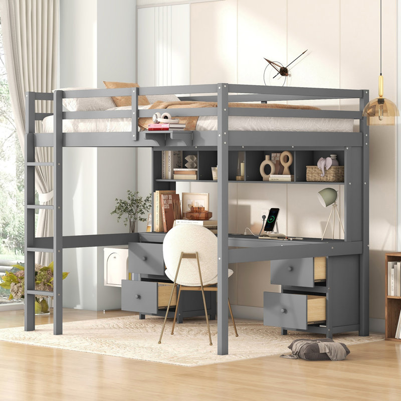Lit mezzanine polyvalent avec bureau intégré, plusieurs armoires, tiroirs, plateau de chevet et station de charge pour un espace de vie et de travail amélioré