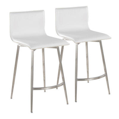 Tabouret de comptoir de 26 po de hauteur fixe et pivotant contemporain en acier inoxydable avec similicuir blanc - ensemble de 2