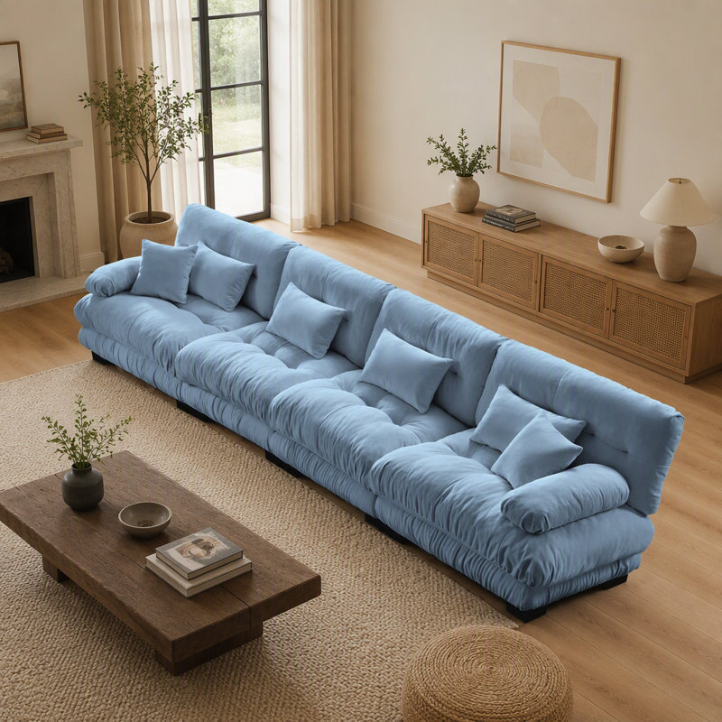 Canapé d'angle 4 places avec assise profonde et revêtement en chenille, idéal pour les salons, appartements et bureaux, bleu
