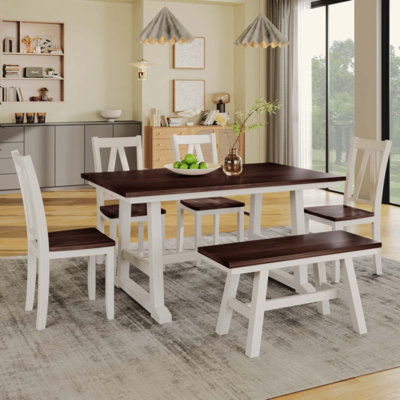 Ensemble de table de salle à manger en bois 6 pièces avec long banc et 4 chaises de style campagnard