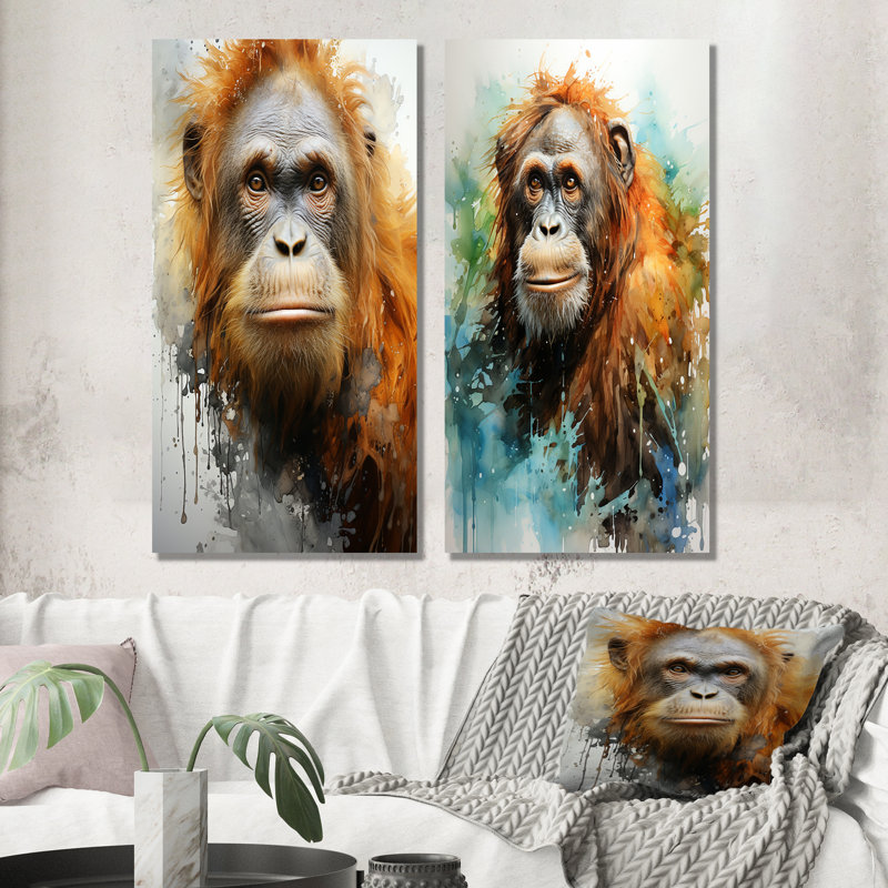 Brown Orangutan In Rainforest - Orangutan Wall Art Living Room Set Of 2, 28" H x 25" W, Wrapped Canvas