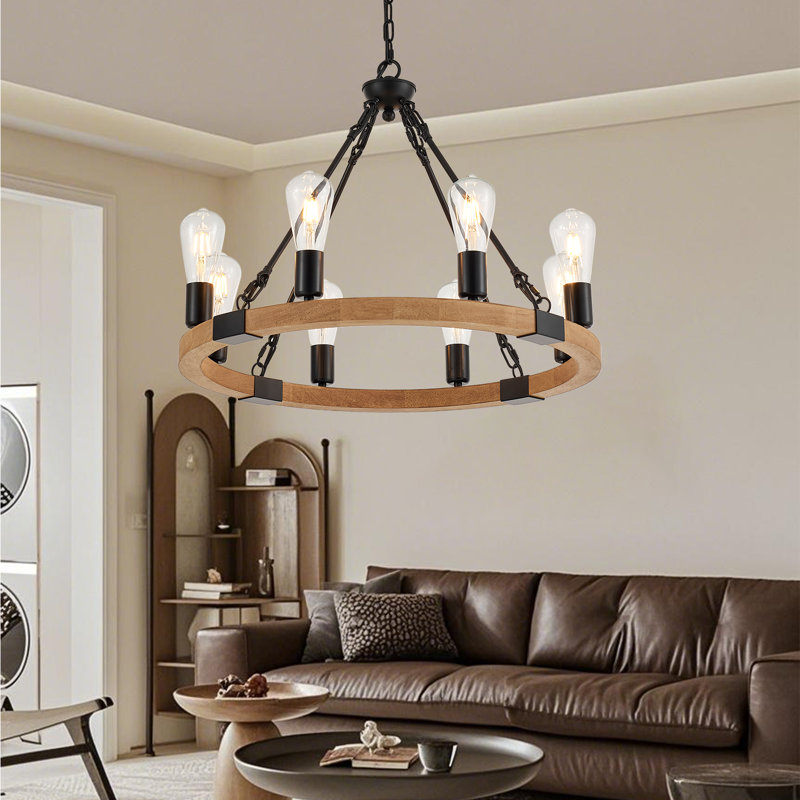 8 Lights Wooden Wagon Wheel Chandelier Natural Farmhouse, Black Metal Ceiling Pendant Light Industrial Vintage Rustic Round Wood Chandeliers For Living Dining Room Entryway Foyer, Bulbs Not Included