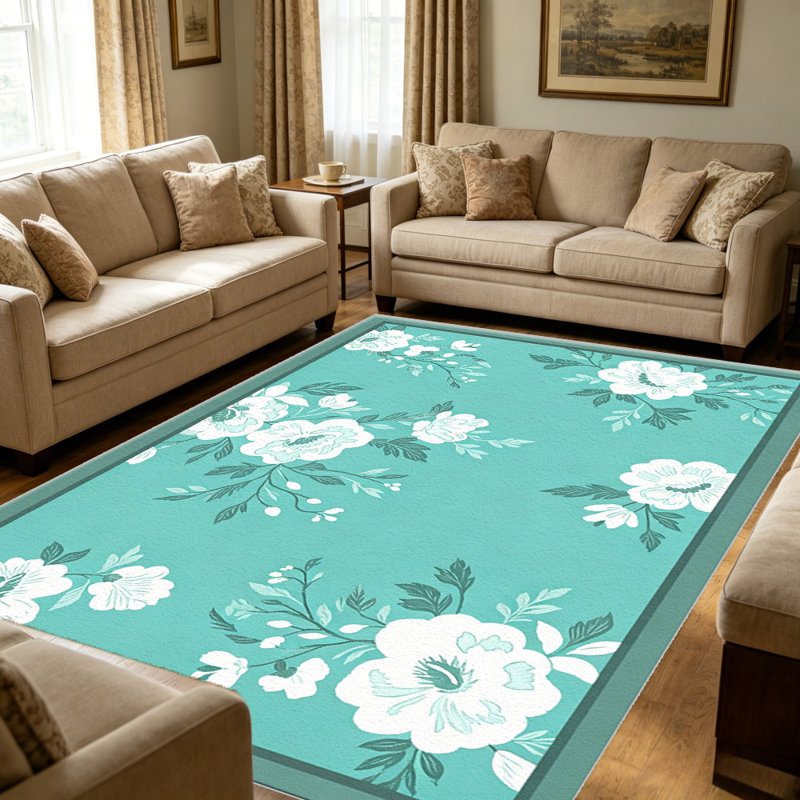 Teal White Floral carpet-easy to clean, machine-washable, soft and comfortable; suitable for door mats, kitchens, living rooms, bedrooms, corridors, and laundry areas. Easy to clean, durable carpet for home decoration.