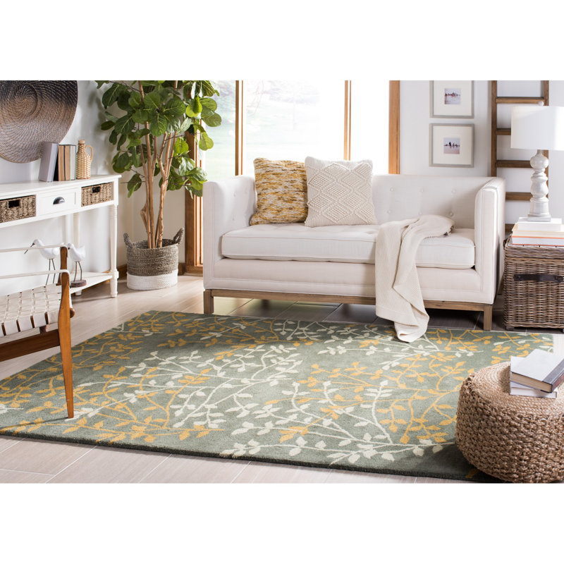 Tapis vert floral en laine touffeté à la main, Rectangle 5 pi x 8 pi