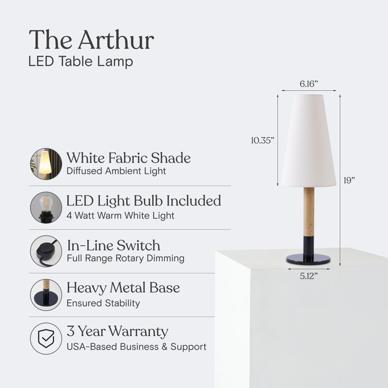 Arthur 19" Modern LED Table Lamp With White Fabric Cone Shade And Two-Toned Base
