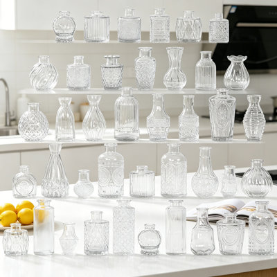 Set of 40 Glass Bud Vases, Small Clear Mini Vintage Embossed Flower Vases for Wedding Centerpieces, Home Table Decorations, Baby Shower, Birthday Party Bulk