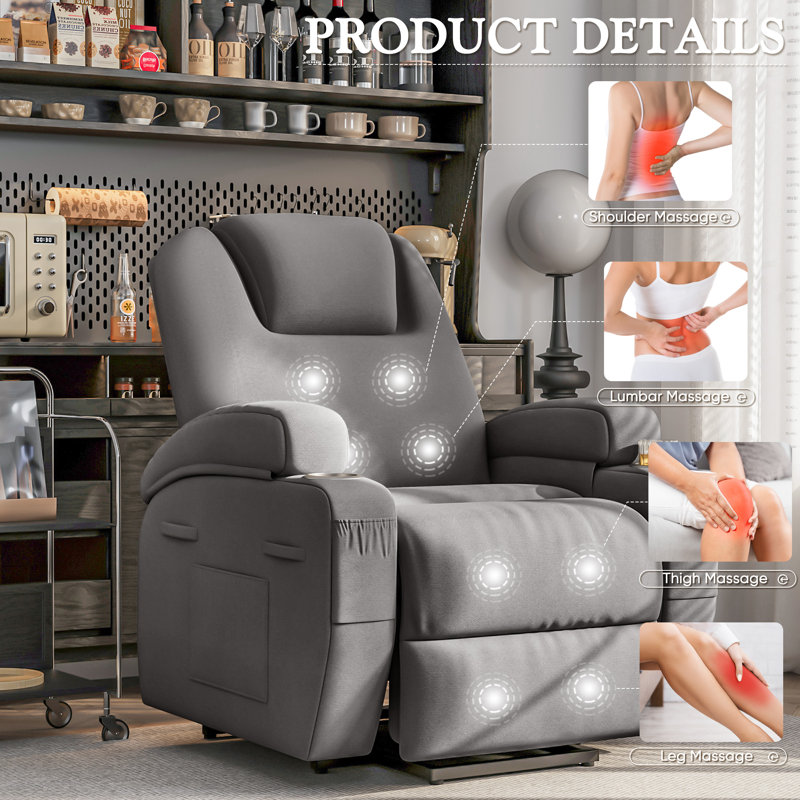 Fauteuil inclinable électrique avec massage Power Lift, Tissu gris