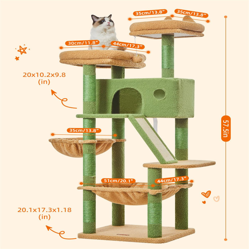 Evonda Cat Tree, 57.48" H x 17.32" W x 20.08" L, Green
