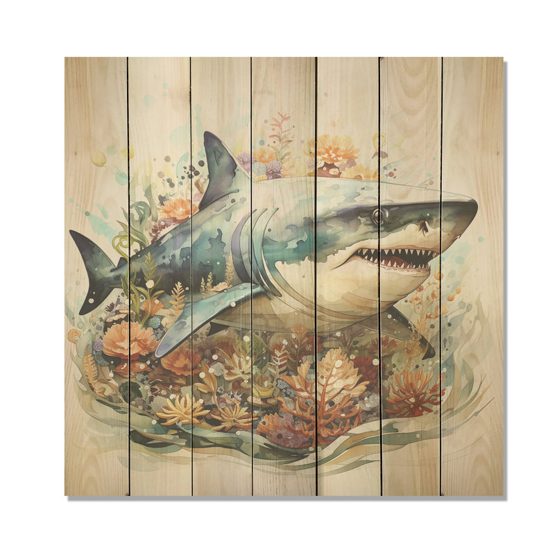 Curious Shark Ocean Blooms I - Requin sur bois, H 15 po x l 15 po