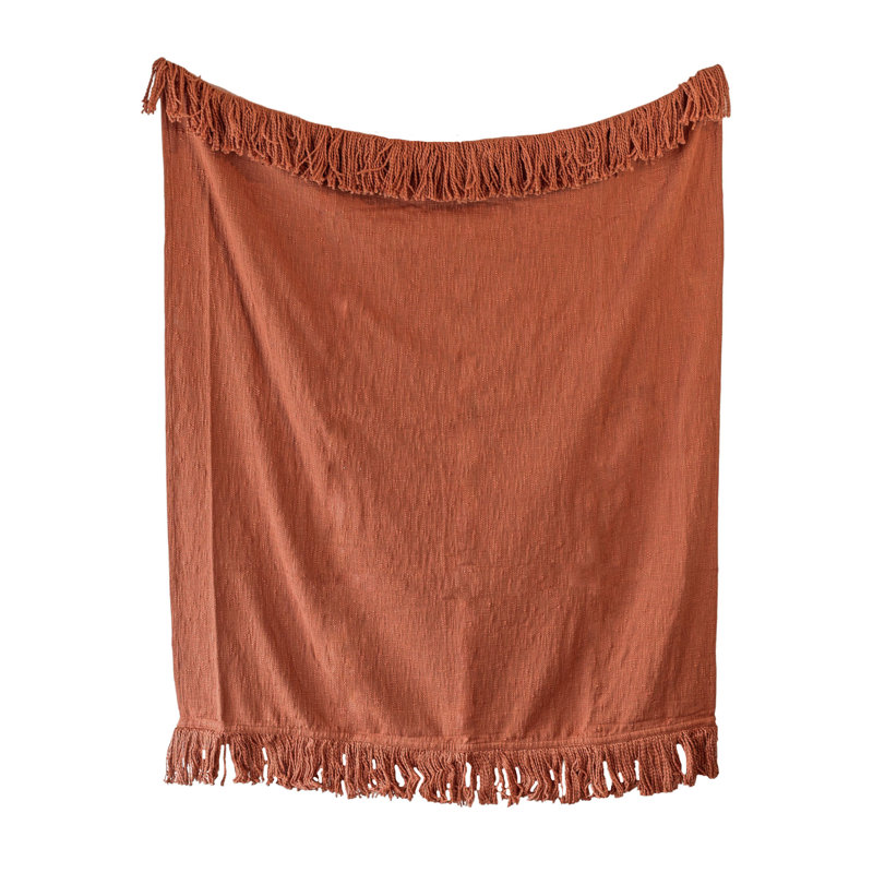 Handwoven Rust Cotton Fringe Throw Blanket
